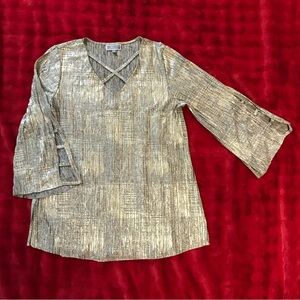 JM Collection V-Neck Long Sleeve Top with Bell Sleeves in Gold